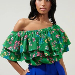 NWT Sugarlips Emerald Floral Ruffle Versatile Off-Shoulder Blouse